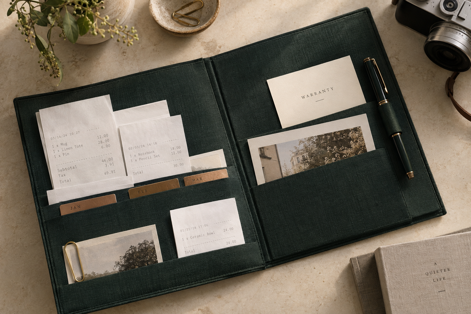 A carefully kept purchase folio, receipt and brass paper clip on an ivory desk